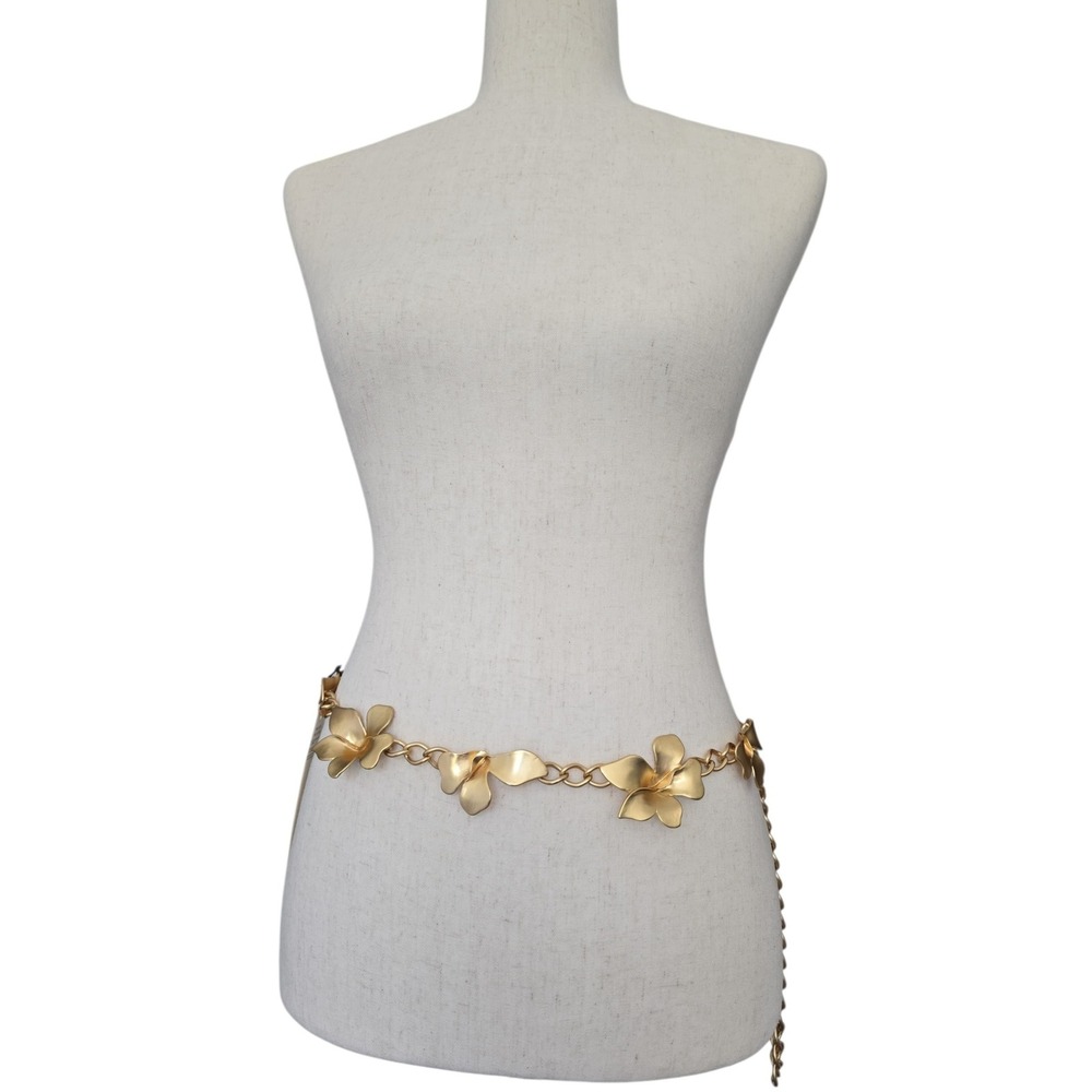 Chico's NWT Gold Floral Flower Chain Link Belt 49" One Size Matte Statement